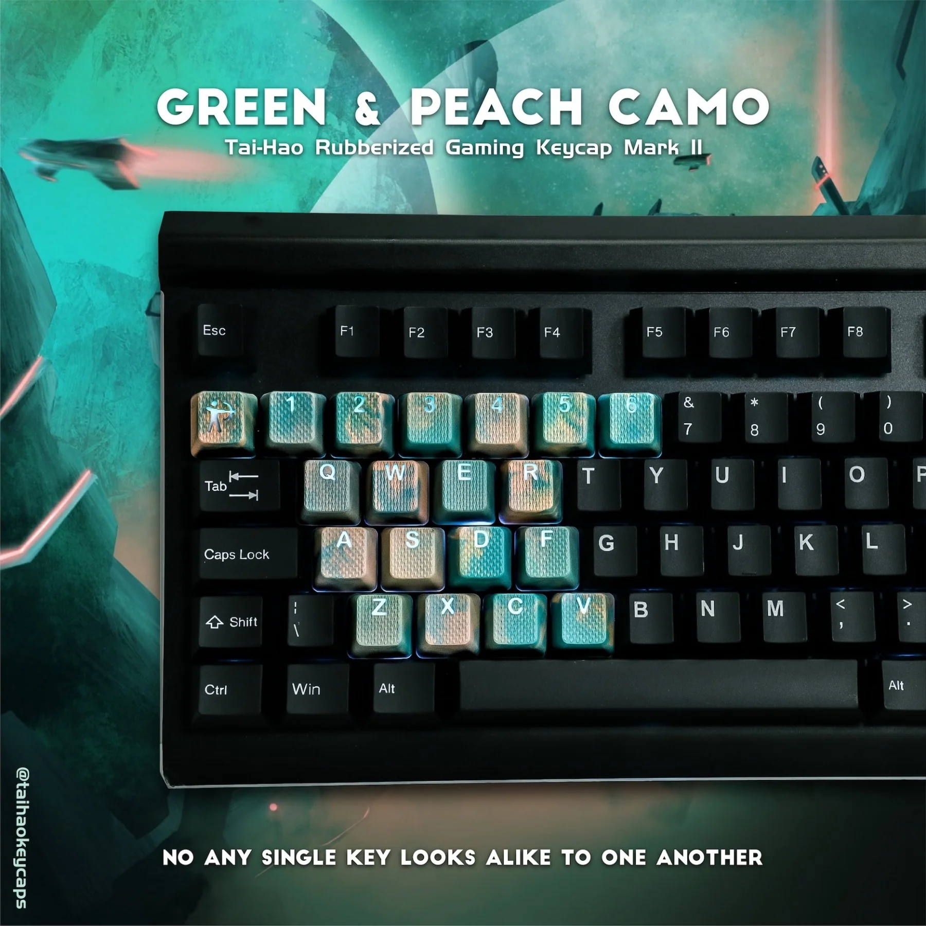 Tai-Hao Green & Peach Camo 23 Key OEM Profile TPR Rubberized Gaming Backlit Keycap Set - Image 2